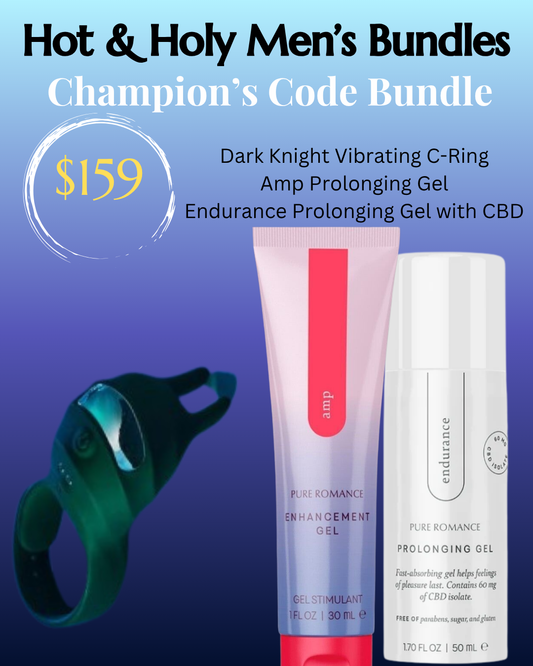 Champion's Code Bundle: Dark Knight Adjustable Pleasure Ring, Amp Arousal Gel, Endurance Prolonging Gel