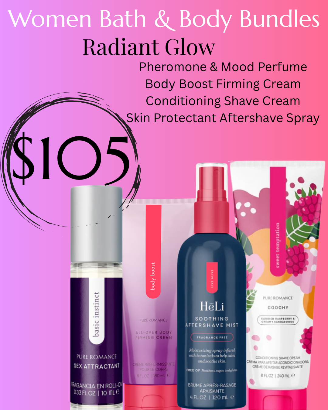 Radiant Glow: Pheromone Perfume Oil, Body Firming Cream, Shave Cream, Aftershave Spray