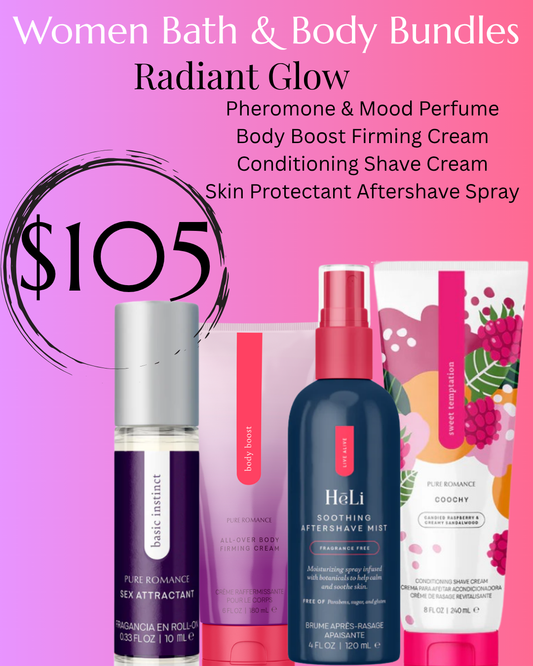 Radiant Glow: Pheromone Perfume Oil, Body Firming Cream, Shave Cream, Aftershave Spray