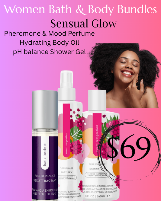 Sensual Glow: Shower Gel/Bubble Bath, Hydrating Body Oil, Pheromone Perfume